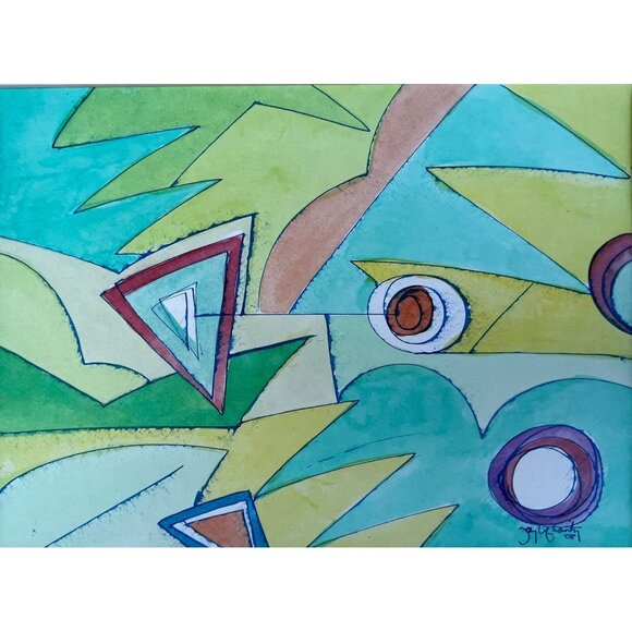 Original Art Pen & Ink Acrylic Paint Abstract Titled "Laughing Triangle" #1816